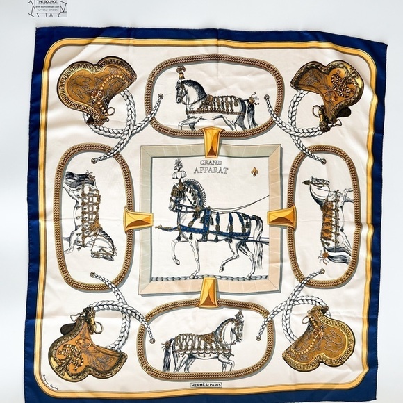 Hermes Accessories - HERMES 100% silk scarf Carre 90 GRAND APPARAT Scarf Multicolor blue border
